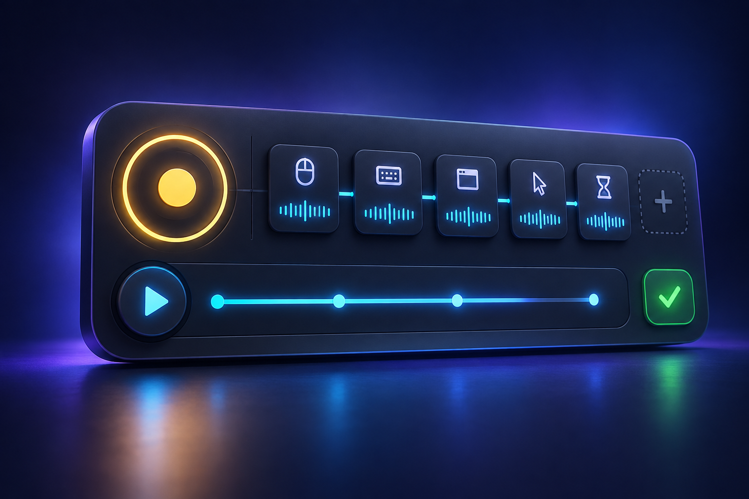 Concept visual of a dark control deck with recording, action sequence, playback, and confirmation controls